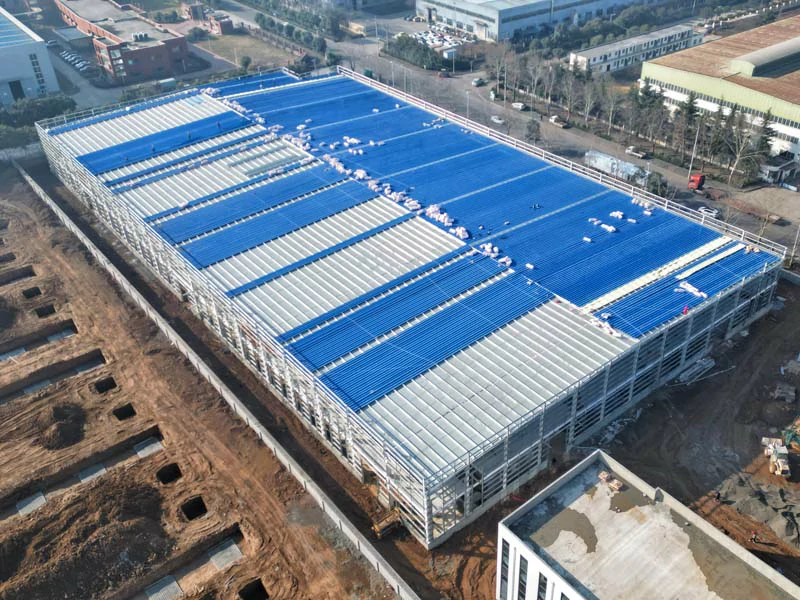 Modern industrial factory building with steel structure